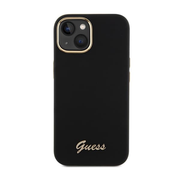 Guess Silicone Script -metallilogo ja -kehys - iPhone 15 -kotelo (musta)