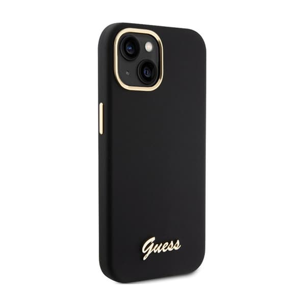 Guess Silicone Script -metallilogo ja -kehys - iPhone 15 -kotelo (musta)