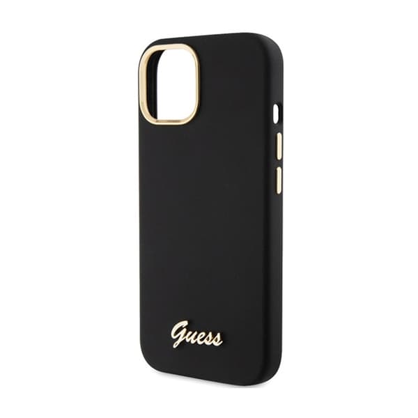 Guess Silicone Script -metallilogo ja -kehys - iPhone 15 -kotelo (musta)