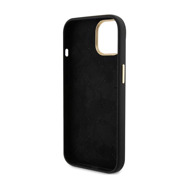 Guess Silicone Script -metallilogo ja -kehys - iPhone 15 -kotelo (musta)