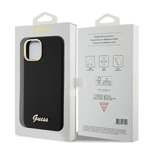 Guess Silicone Script -metallilogo ja -kehys - iPhone 15 -kotelo (musta)
