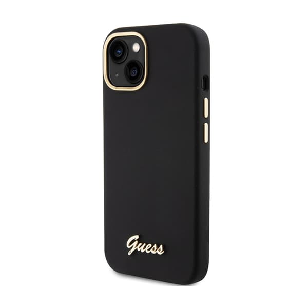 Guess Silicone Script -metallilogo ja -kehys - iPhone 15 -kotelo (musta)