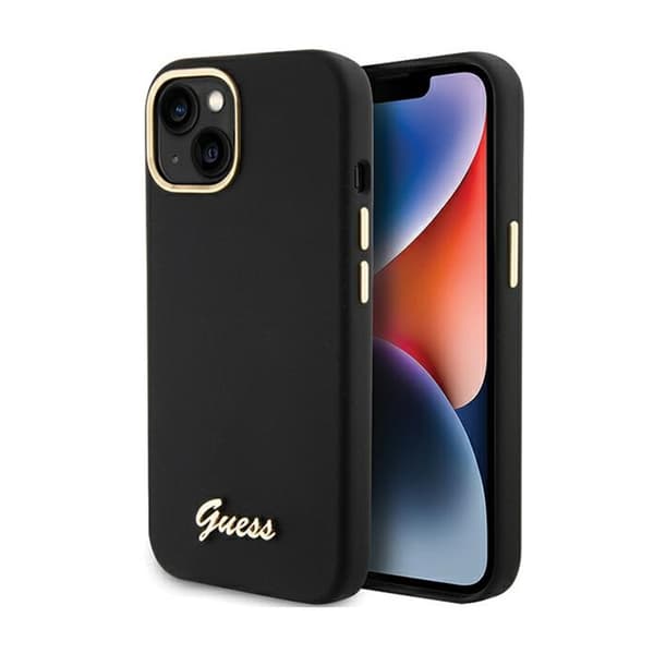 Guess Silicone Script -metallilogo ja -kehys - iPhone 15 -kotelo (musta)