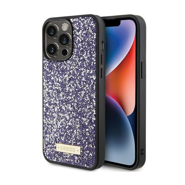 Guess Rhinestone Metal Logo - iPhone 15 Pro -kotelo (vaaleanpunainen)