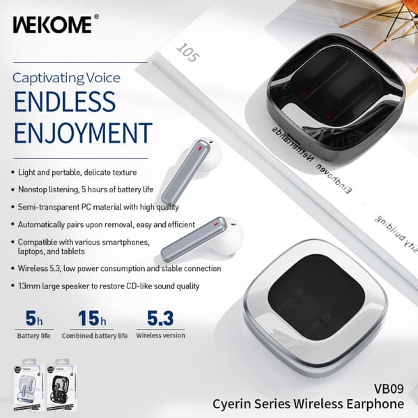 WEKOME VB09 Cyerin Series - Trådlösa Bluetooth V5.3 TWS hörlurar med laddningsfodral (svart)