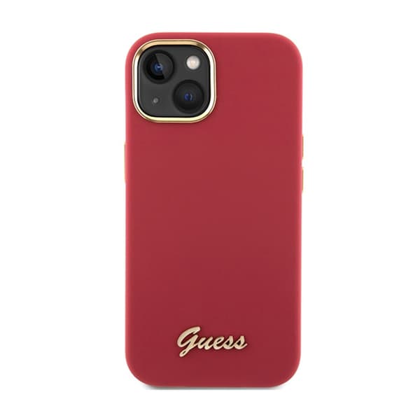 Guess Silicone Script Metal Logo & Frame - iPhone 15 -kotelo (magenta)