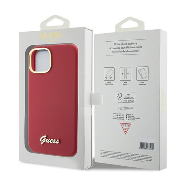 Guess Silicone Script Metal Logo & Frame - iPhone 15 -kotelo (magenta)