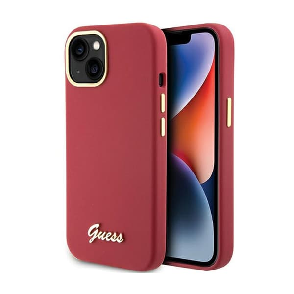 Guess Silicone Script Metal Logo & Frame - iPhone 15 -kotelo (magenta)
