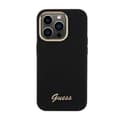 Miniatyrbillede 3 af 8: Guess Silicone Script Metallogo og -ramme - iPhone 15 Pro-etui (sort)