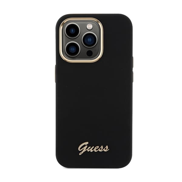 Guess Silicone Script Metallogo og -ramme - iPhone 15 Pro-etui (sort)