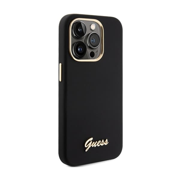 Guess Silicone Script Metallogo og -ramme - iPhone 15 Pro-etui (sort)