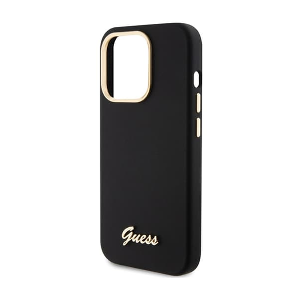 Guess Silicone Script Metallogo og -ramme - iPhone 15 Pro-etui (sort)