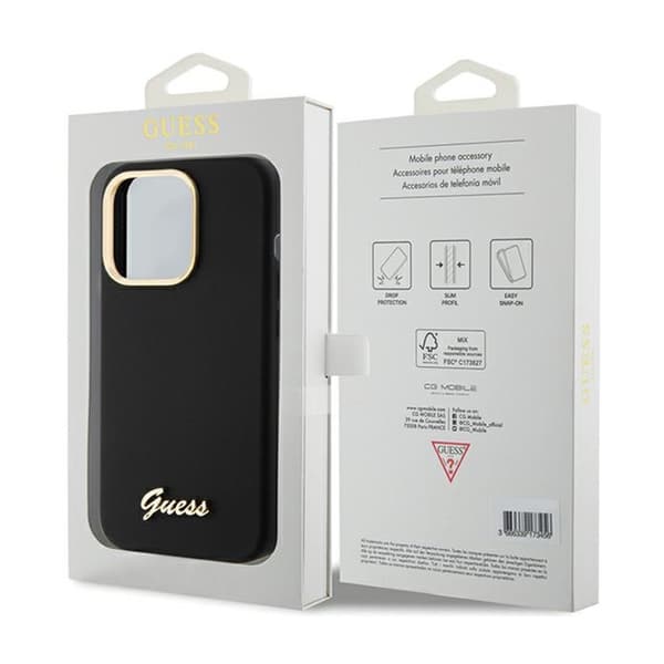 Guess Silicone Script Metallogo og -ramme - iPhone 15 Pro-etui (sort)