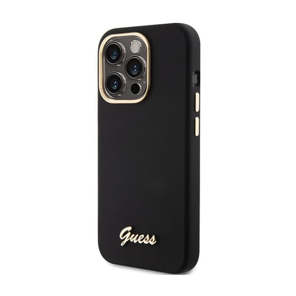 Guess Silicone Script Metallogo og -ramme - iPhone 15 Pro-etui (sort)