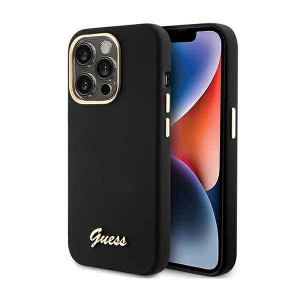 Guess Silicone Script Metallogo og -ramme - iPhone 15 Pro-etui (sort)