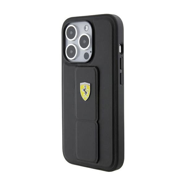 Ferrari Grip Stand metallilogo - iPhone 15 Pro -kotelo (musta)
