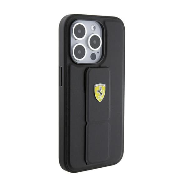 Ferrari Grip Stand metallilogo - iPhone 15 Pro -kotelo (musta)
