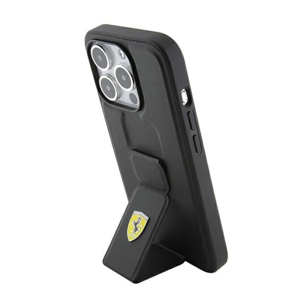 Ferrari Grip Stand metallilogo - iPhone 15 Pro -kotelo (musta)