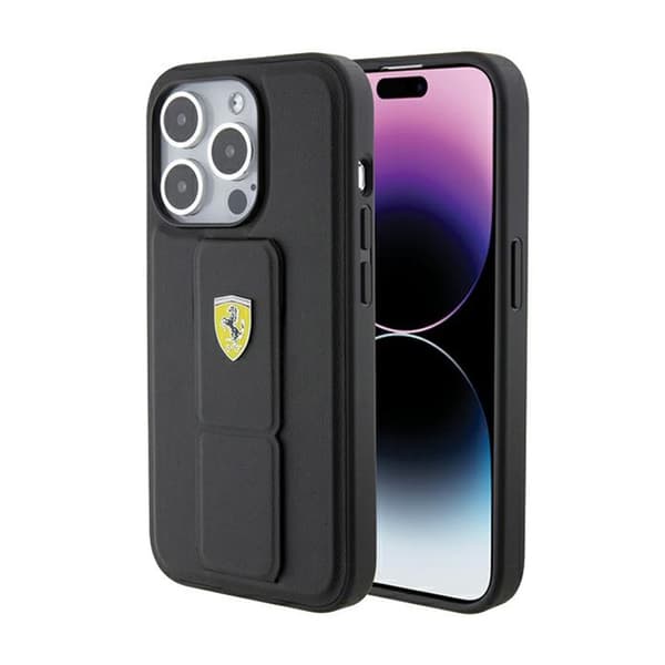 Ferrari Grip Stand metallilogo - iPhone 15 Pro -kotelo (musta)