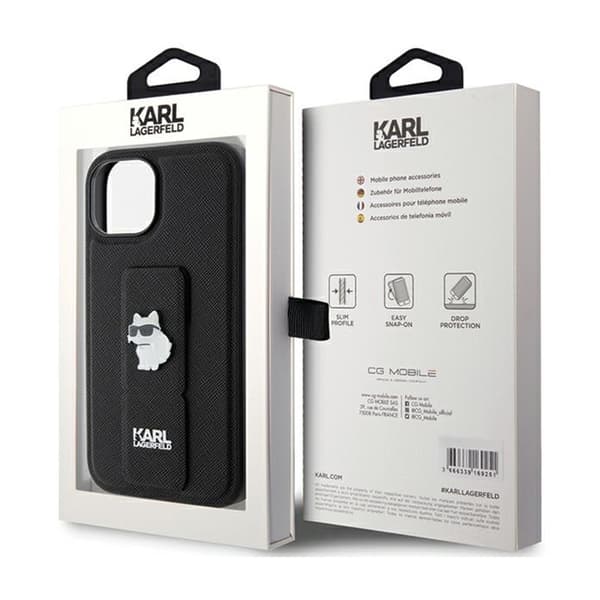 Karl Lagerfeld Gripstand Saffiano Choupette Pins - iPhone 15 -kotelo (musta)