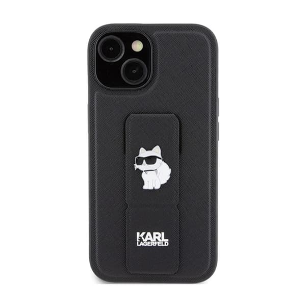Karl Lagerfeld Gripstand Saffiano Choupette Pins - iPhone 15 Plus-fodral (svart)