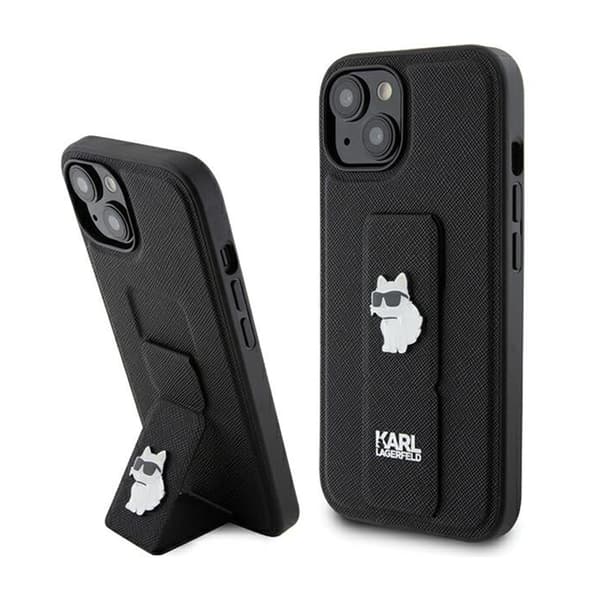 Karl Lagerfeld Gripstand Saffiano Choupette Pins - iPhone 15 Plus-fodral (svart)