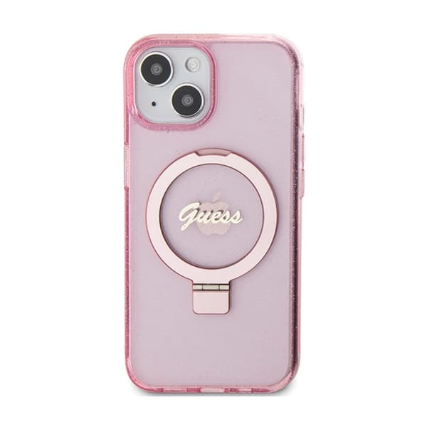 Guess Ring Stand Script Glitter MagSafe - iPhone 15 Plus -kotelo (vaaleanpunainen)