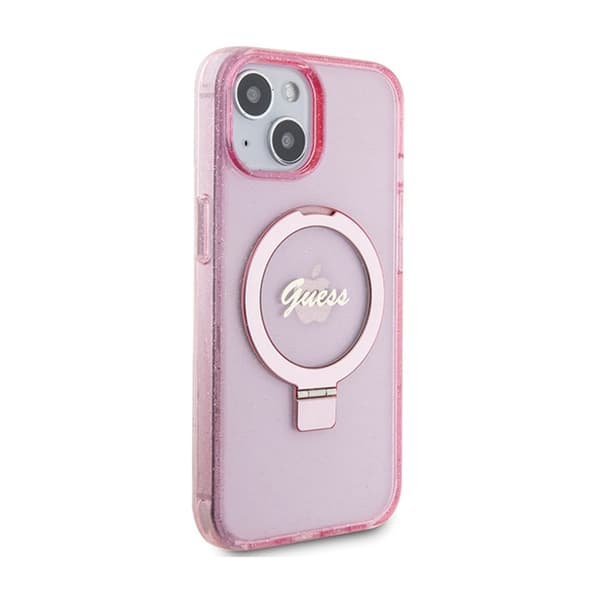 Guess Ring Stand Script Glitter MagSafe - iPhone 15 Plus -kotelo (vaaleanpunainen)