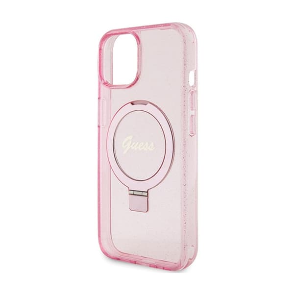 Guess Ring Stand Script Glitter MagSafe - iPhone 15 Plus -kotelo (vaaleanpunainen)