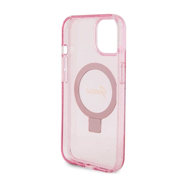 Guess Ring Stand Script Glitter MagSafe - iPhone 15 Plus -kotelo (vaaleanpunainen)