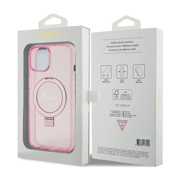 Guess Ring Stand Script Glitter MagSafe - iPhone 15 Plus -kotelo (vaaleanpunainen)