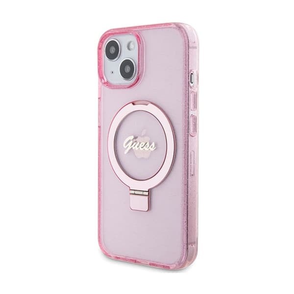 Guess Ring Stand Script Glitter MagSafe - iPhone 15 Plus -kotelo (vaaleanpunainen)