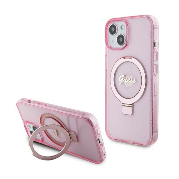 Guess Ring Stand Script Glitter MagSafe - iPhone 15 Plus -kotelo (vaaleanpunainen)