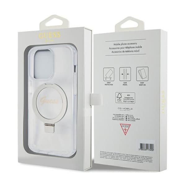 Guess Ring Stand Script Glitter MagSafe - iPhone 15 Pro Cover (gennemsigtig)