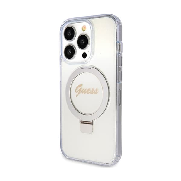 Guess Ring Stand Script Glitter MagSafe - iPhone 15 Pro Cover (gennemsigtig)