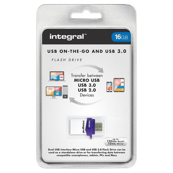 Integral Micro Fusion Flash Drive - Dual USB 3.0 och micro USB OTG pendrive 16 GB Vit