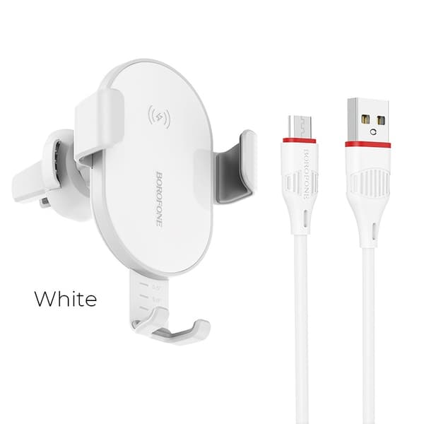 Borofone - bilholder med Qi 10W trådløs oplader til luftventil, hvid