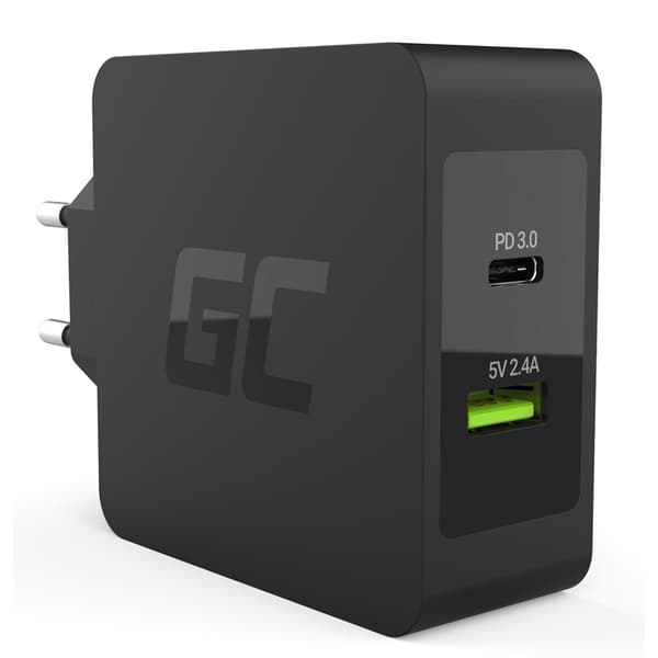 Green Cell - 45W PD USB-C oplader med USB-C kabel og ekstra USB port Sort