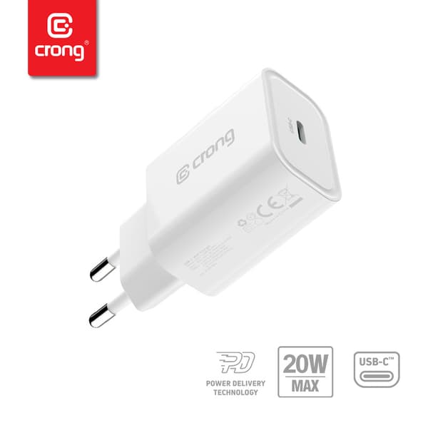 Crong USB-C rejseoplader – USB-C Power Delivery 20W vægoplader (hvid)