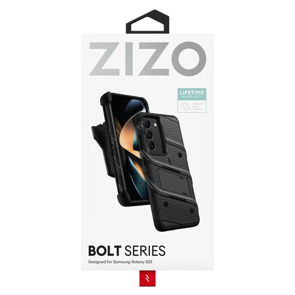 ZIZO BOLT Series - Pansret etui til Samsung Galaxy S23 med 9H glasskærm + holder med stativ (sort)