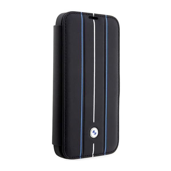 BMW Booktype nahkaleimasin siniset viivat - iPhone 14 Pro Max -kotelo (musta)