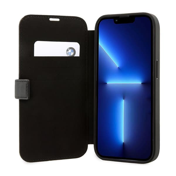 BMW Booktype nahkaleimasin siniset viivat - iPhone 14 Pro Max -kotelo (musta)