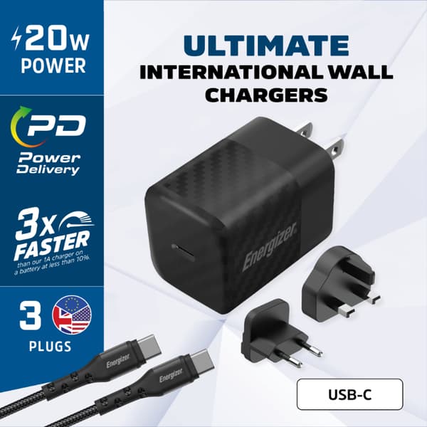 Energizer Ultimate - Multiplug EU / UK / US GaN USB-C 20W PD vægoplader + USB-C-kabel (sort)