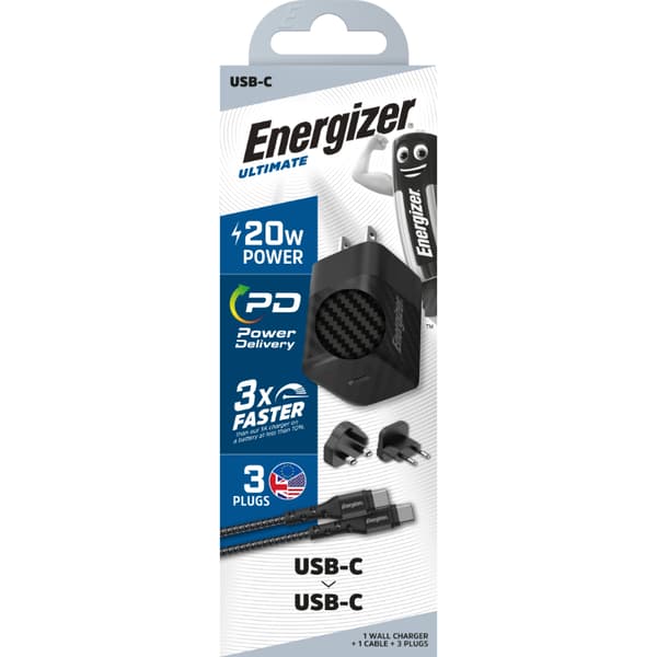 Energizer Ultimate - Multiplug EU / UK / US GaN USB-C 20W PD vægoplader + USB-C-kabel (sort)