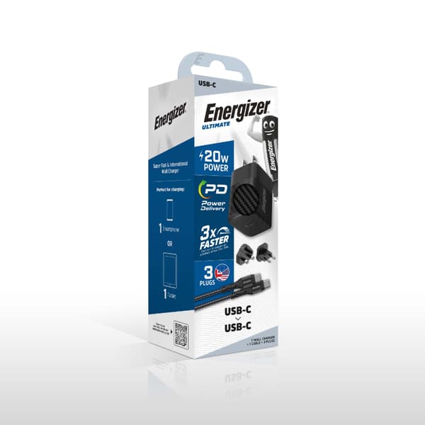 Energizer Ultimate - Multiplug EU / UK / US GaN USB-C 20W PD vægoplader + USB-C-kabel (sort)