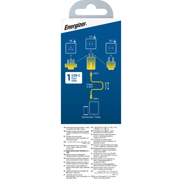 Energizer Ultimate - Multiplug EU / UK / US GaN USB-C 20W PD vægoplader + USB-C-kabel (sort)
