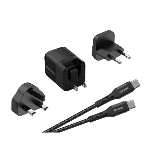 Energizer Ultimate - Multiplug EU / UK / US GaN USB-C 20W PD vægoplader + USB-C-kabel (sort)