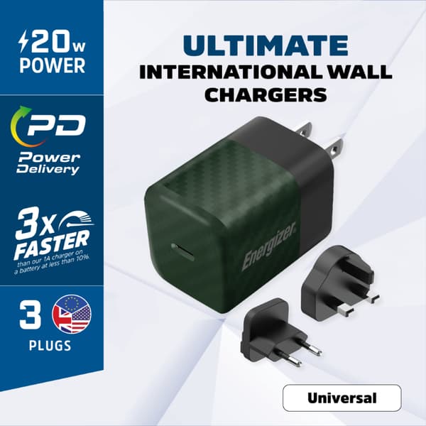 Energizer Ultimate - Monipistoke EU/UK/US GaN USB-C 20W PD-seinälaturi (vihreä)