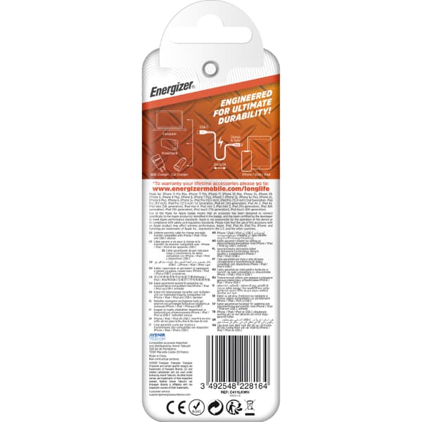 Energizer HardCase - USB-C til Lightning-forbindelseskabel MFi-certificeret 1,2 m (hvid) livstidsgaranti