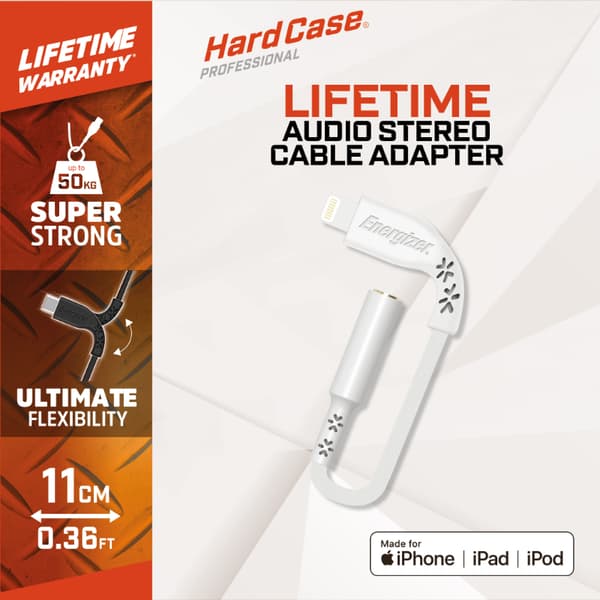 Energizer HardCase - Lightning til 3,5 mm jack-lydadapter MFi-certificeret 11 cm EU (hvid) livstidsgaranti